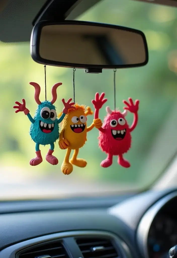 25 Clay Rear View Mirror Decor Ideas That Add Personality to Your Car 23 25 Clay Rear View Mirror Decor Ideas That Add Personality to Your Car - 23. Cute Monsters