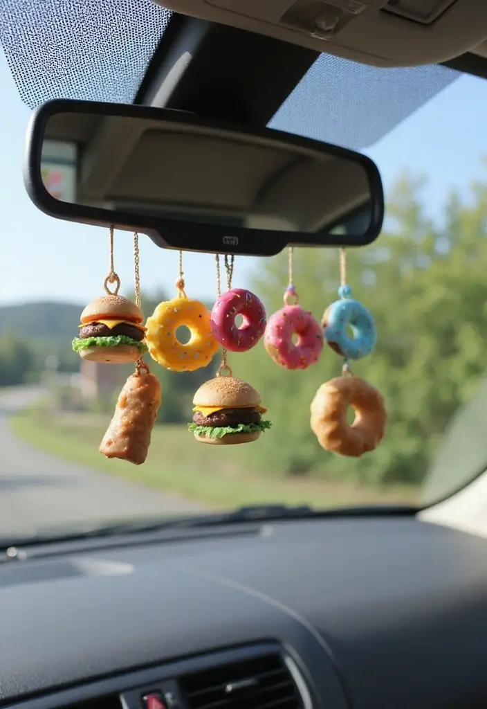 25 Clay Rear View Mirror Decor Ideas That Add Personality to Your Car 7 25 Clay Rear View Mirror Decor Ideas That Add Personality to Your Car - 7. Cute Food Charms
