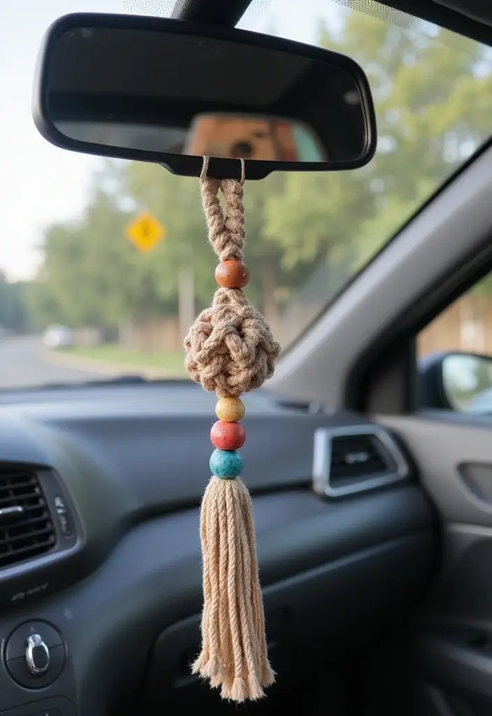 25 Clay Rear View Mirror Decor Ideas That Add Personality to Your Car 8 25 Clay Rear View Mirror Decor Ideas That Add Personality to Your Car - 8. Boho Macramé with Clay Beads