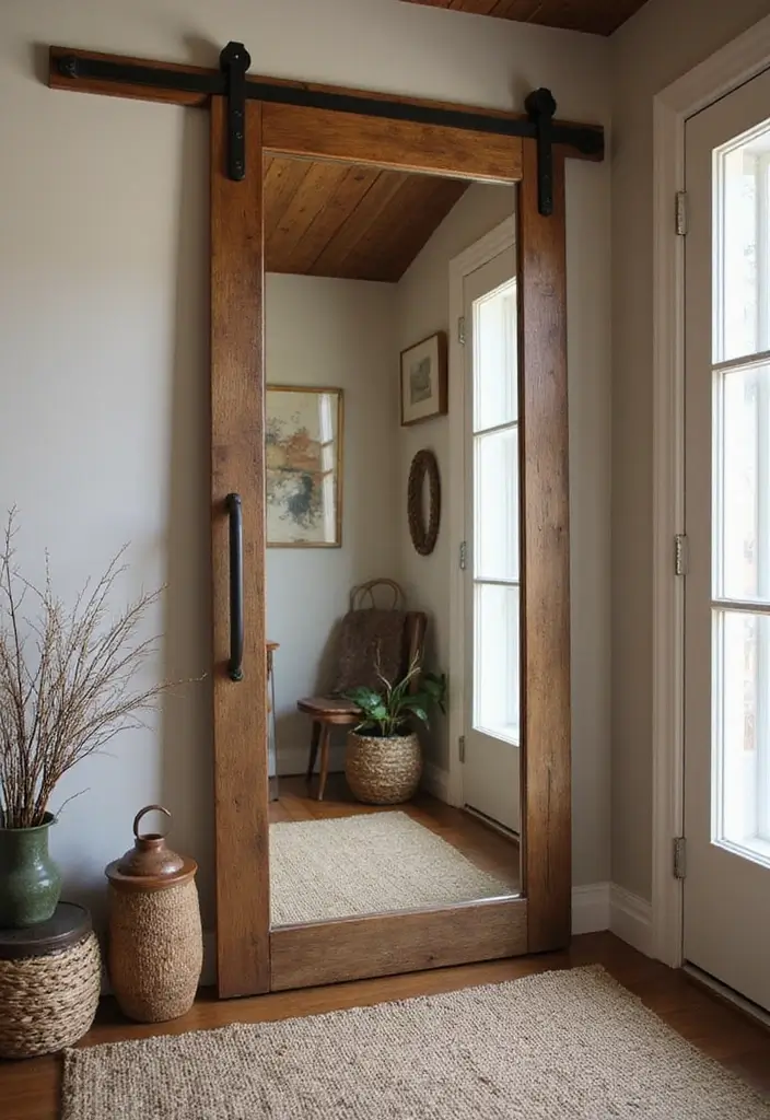 25 DIY Full Length Mirror Decor Ideas That Look Expensive on a Budget 4 25 DIY Full Length Mirror Decor Ideas That Look Expensive on a Budget - 4. Farmhouse Style Barn Door Frame