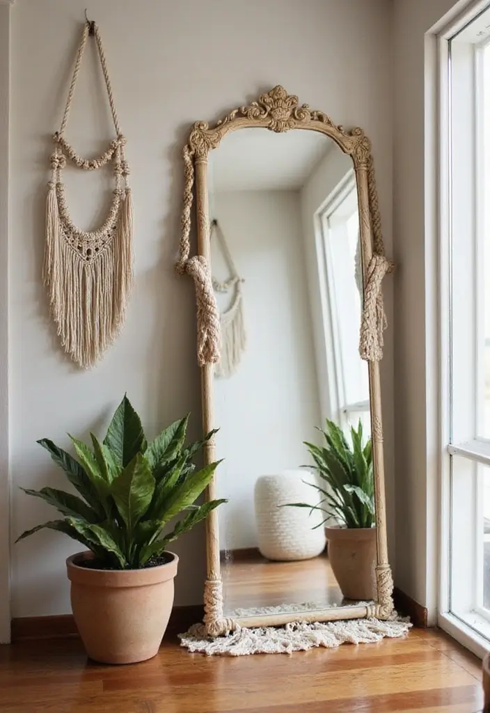 25 DIY Full Length Mirror Decor Ideas That Look Expensive on a Budget 6 25 DIY Full Length Mirror Decor Ideas That Look Expensive on a Budget - 6. Bohemian Macramé Hanging