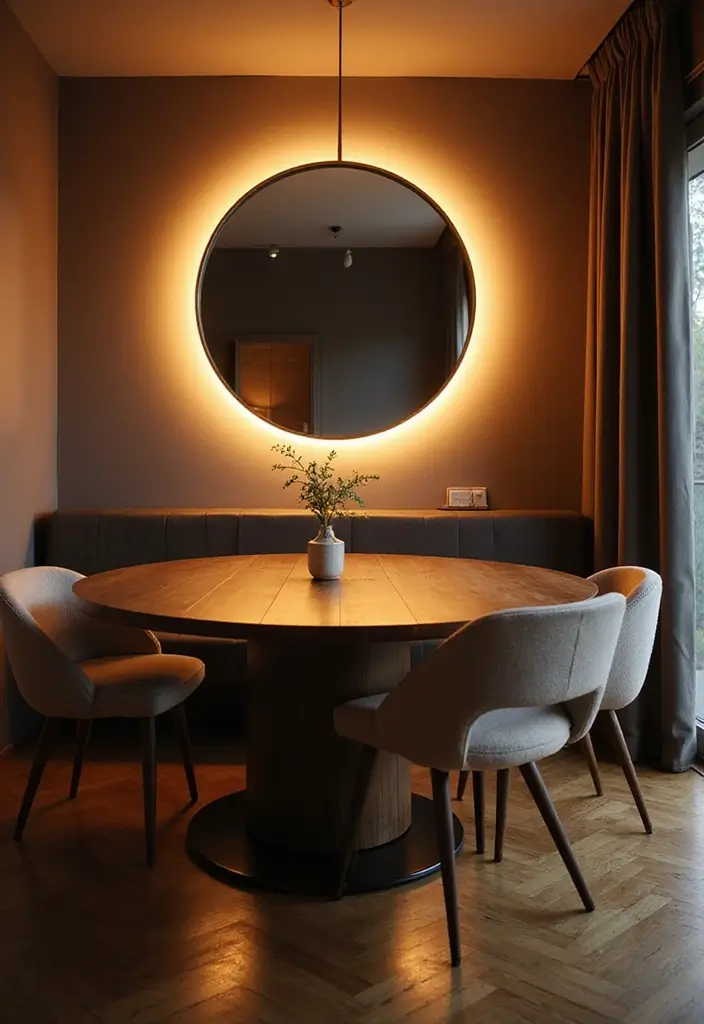25 Dining Room Round Mirror Decor Ideas for a Stylish and Modern Look 12 25 Dining Room Round Mirror Decor Ideas for a Stylish and Modern Look - 12. Backlit Round Mirrors