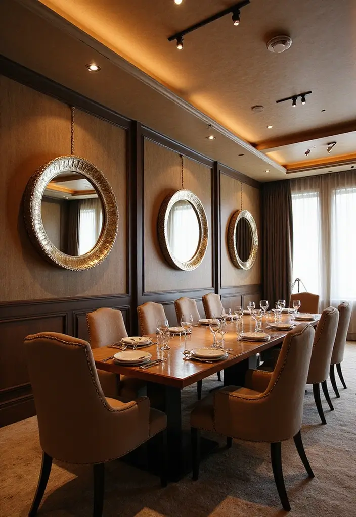 25 Dining Room Round Mirror Decor Ideas for a Stylish and Modern Look 17 25 Dining Room Round Mirror Decor Ideas for a Stylish and Modern Look - 17. Reflective Wall Treatments