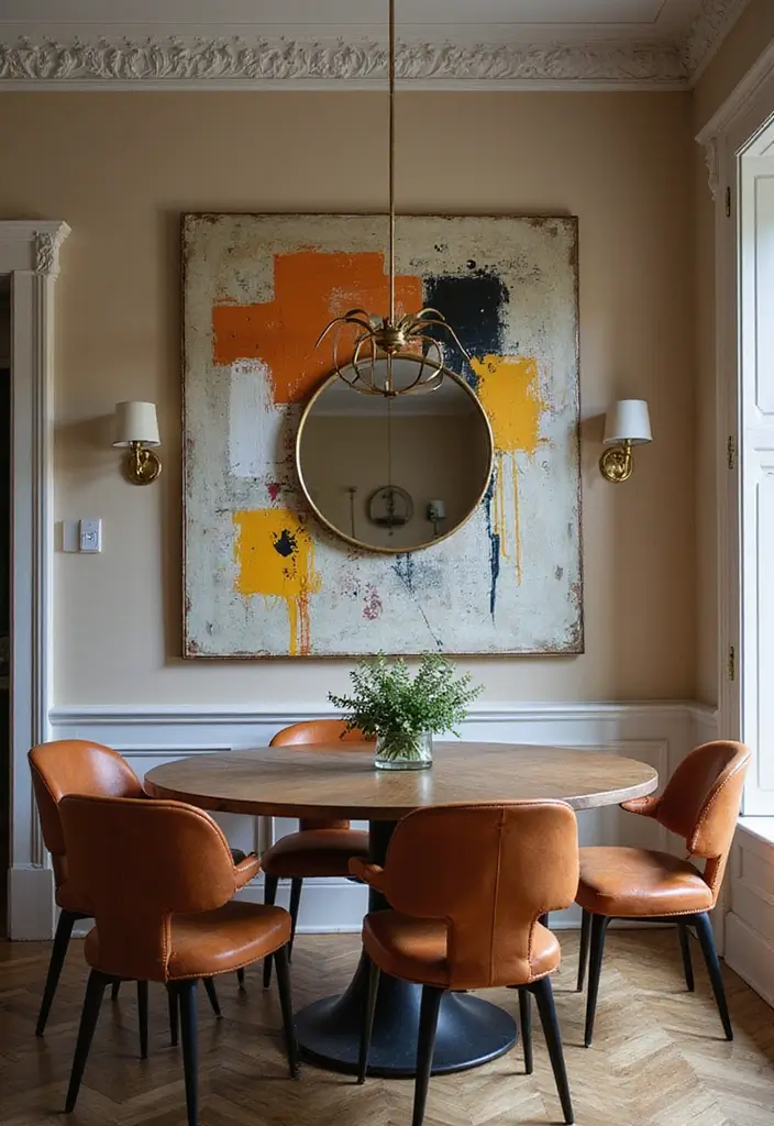 25 Dining Room Round Mirror Decor Ideas for a Stylish and Modern Look 18 25 Dining Room Round Mirror Decor Ideas for a Stylish and Modern Look - 18. Vintage Round Mirror with Modern Art