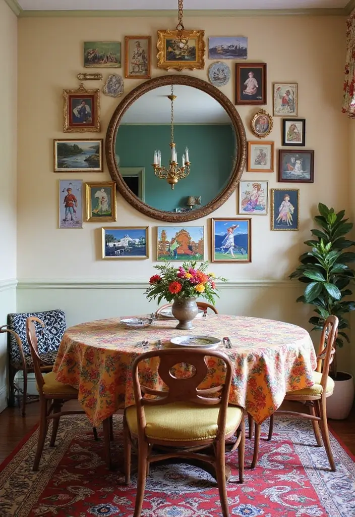 25 Dining Room Round Mirror Decor Ideas for a Stylish and Modern Look 24 25 Dining Room Round Mirror Decor Ideas for a Stylish and Modern Look - 24. Round Mirrors with Artistic Prints