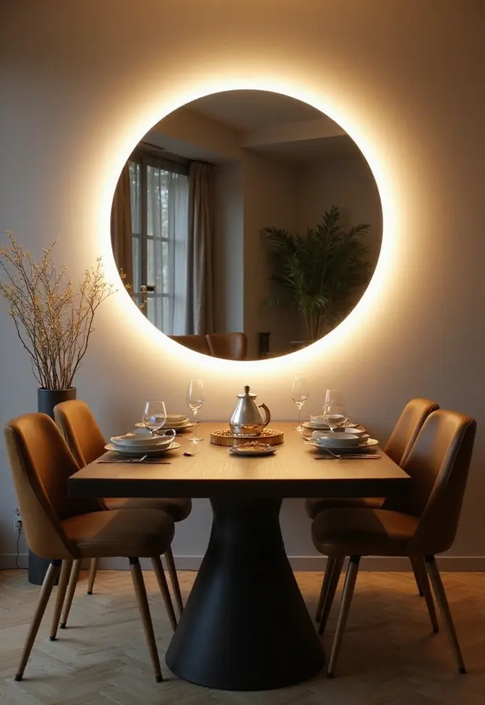 25 Dining Room Round Mirror Decor Ideas for a Stylish and Modern Look 4 25 Dining Room Round Mirror Decor Ideas for a Stylish and Modern Look - 4. Round Mirrors with LED Lighting