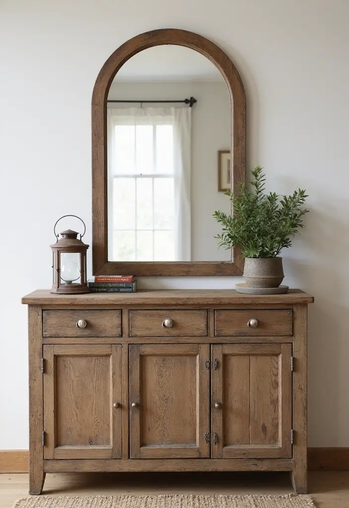 25 Entryway Table Decor with Arched Mirror Ideas for Elegant Homes 1 25 Entryway Table Decor with Arched Mirror Ideas for Elegant Homes - 1. Vintage Charm with Wooden Accents