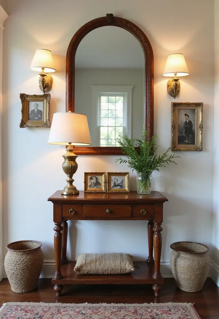 25 Entryway Table Decor with Arched Mirror Ideas for Elegant Homes 10 25 Entryway Table Decor with Arched Mirror Ideas for Elegant Homes - 10. Vintage Finds Galore