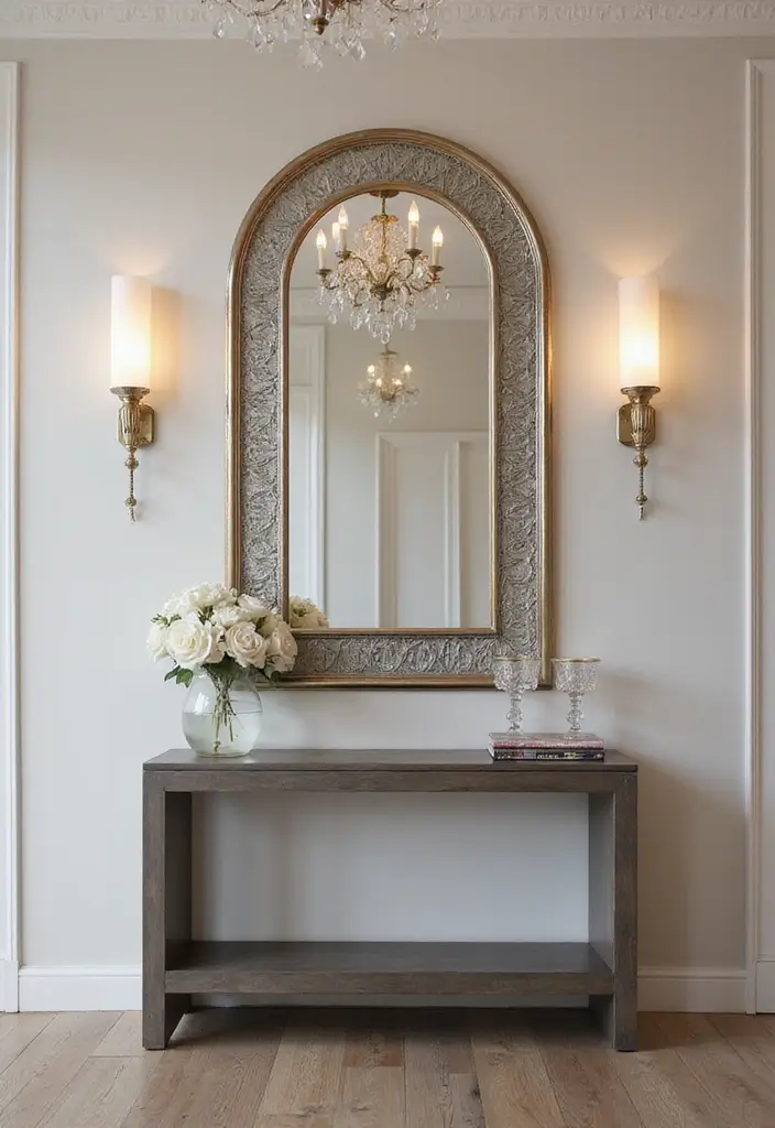 25 Entryway Table Decor with Arched Mirror Ideas for Elegant Homes 13 25 Entryway Table Decor with Arched Mirror Ideas for Elegant Homes - 13. A Touch of Glam