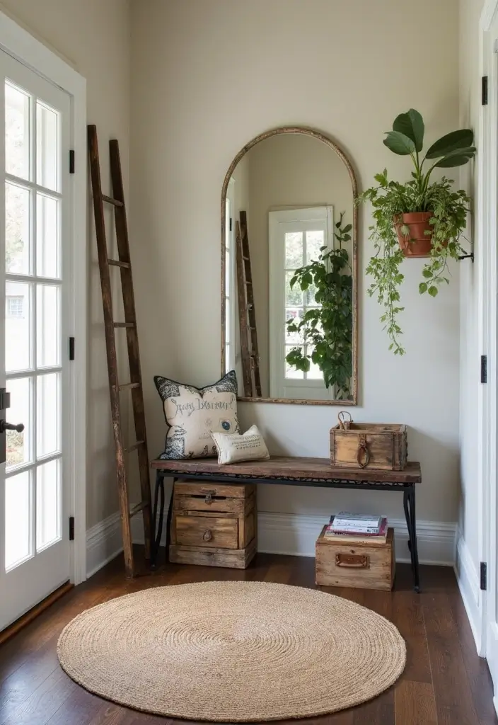 25 Entryway Table Decor with Arched Mirror Ideas for Elegant Homes 16 25 Entryway Table Decor with Arched Mirror Ideas for Elegant Homes - 16. Repurposed Finds