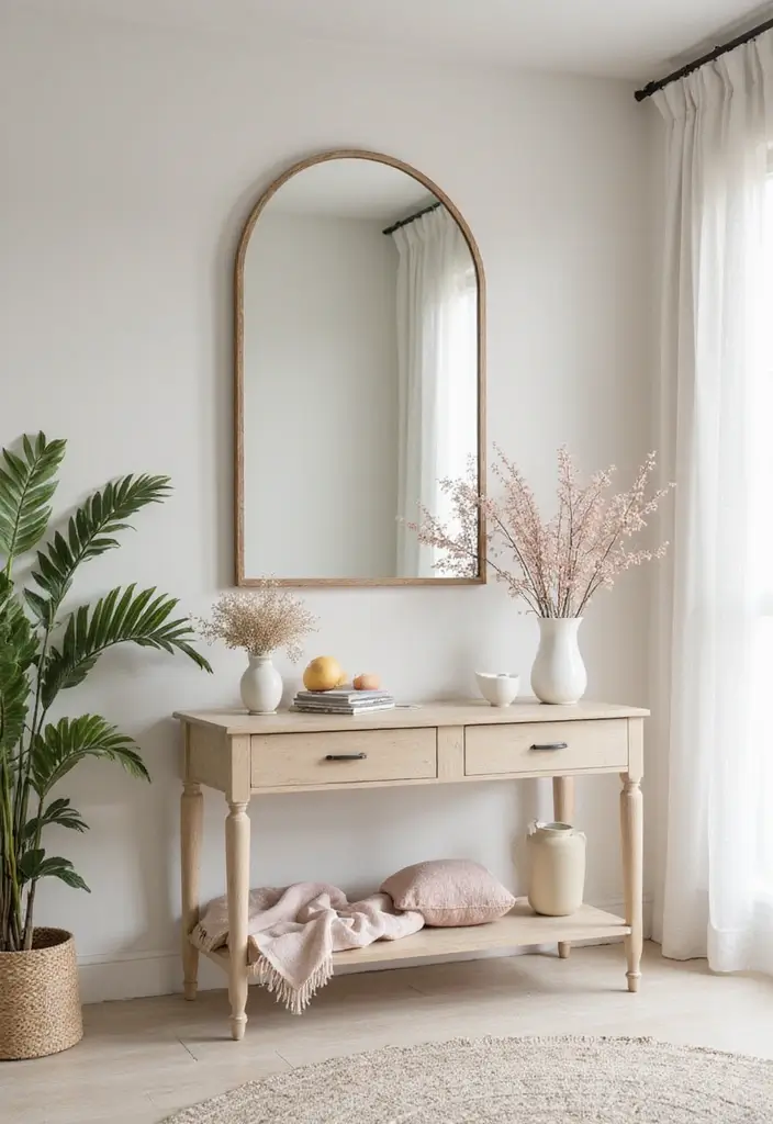 25 Entryway Table Decor with Arched Mirror Ideas for Elegant Homes 17 25 Entryway Table Decor with Arched Mirror Ideas for Elegant Homes - 17. Soft Color Palettes