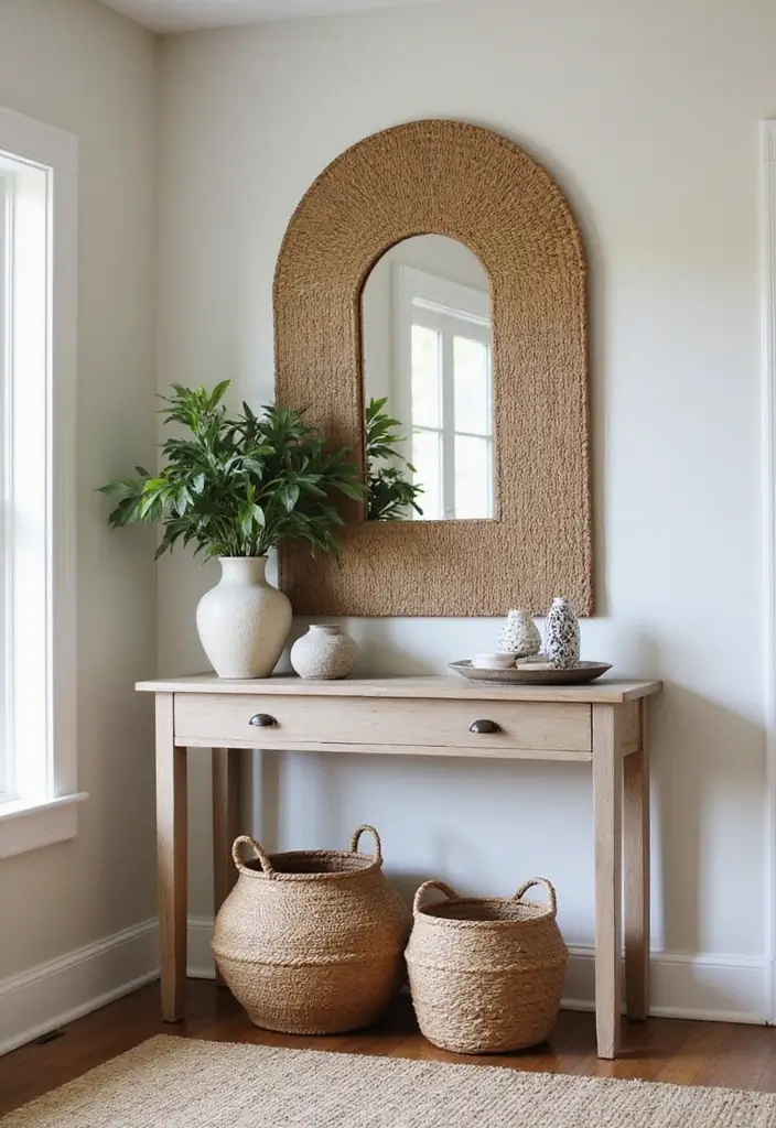 25 Entryway Table Decor with Arched Mirror Ideas for Elegant Homes 22 25 Entryway Table Decor with Arched Mirror Ideas for Elegant Homes - 22. Mixing Textures and Patterns