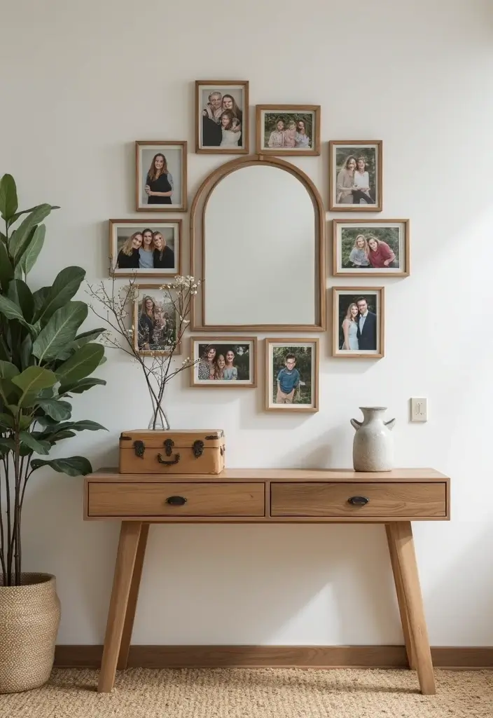 25 Entryway Table Decor with Arched Mirror Ideas for Elegant Homes 25 25 Entryway Table Decor with Arched Mirror Ideas for Elegant Homes - 25. Family Memory Wall