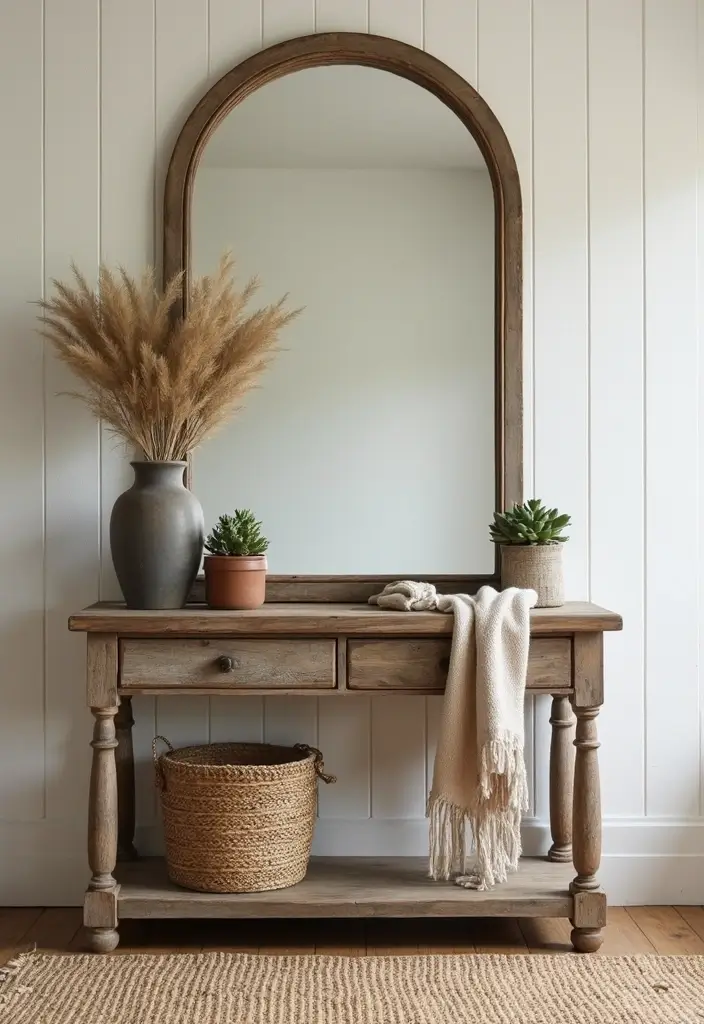 25 Entryway Table Decor with Arched Mirror Ideas for Elegant Homes 3 25 Entryway Table Decor with Arched Mirror Ideas for Elegant Homes - 3. Farmhouse Fresh