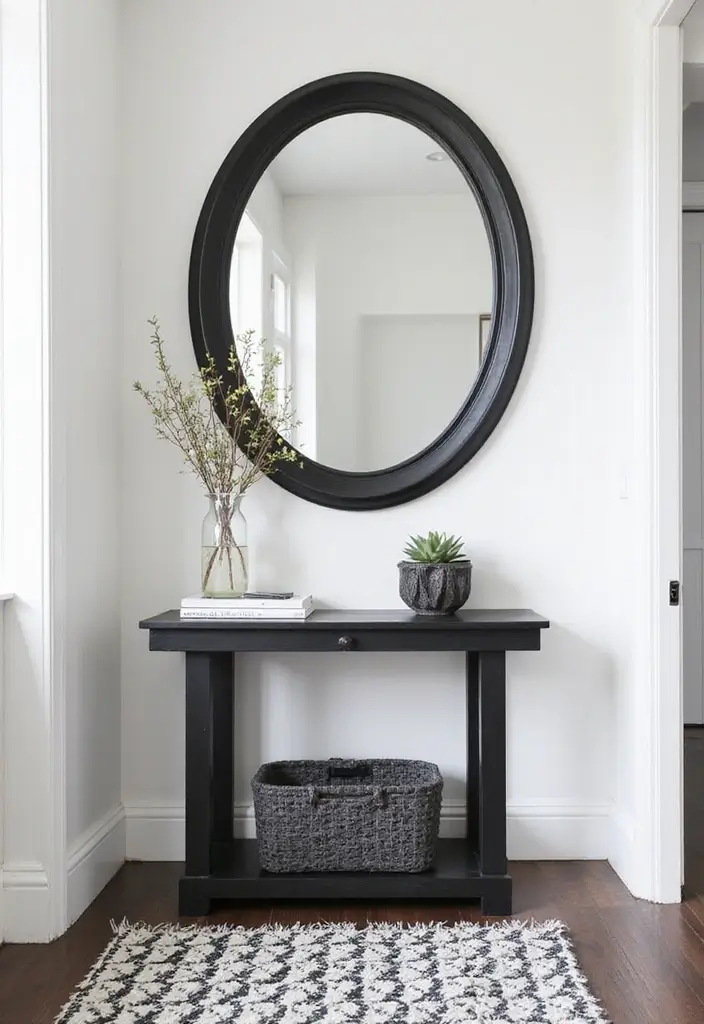 25 Entryway Table Decor with Arched Mirror Ideas for Elegant Homes 4 25 Entryway Table Decor with Arched Mirror Ideas for Elegant Homes - 4. Monochrome Magic