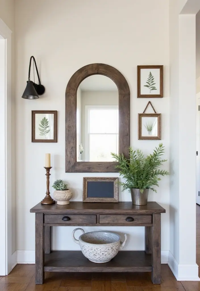 25 Entryway Table Decor with Arched Mirror Ideas for Elegant Homes 5 25 Entryway Table Decor with Arched Mirror Ideas for Elegant Homes - 5. Rustic Wall Art Accents