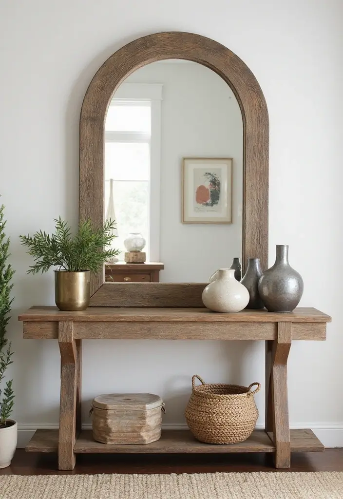 25 Entryway Table Decor with Arched Mirror Ideas for Elegant Homes 6 25 Entryway Table Decor with Arched Mirror Ideas for Elegant Homes - 6. Layered Textures