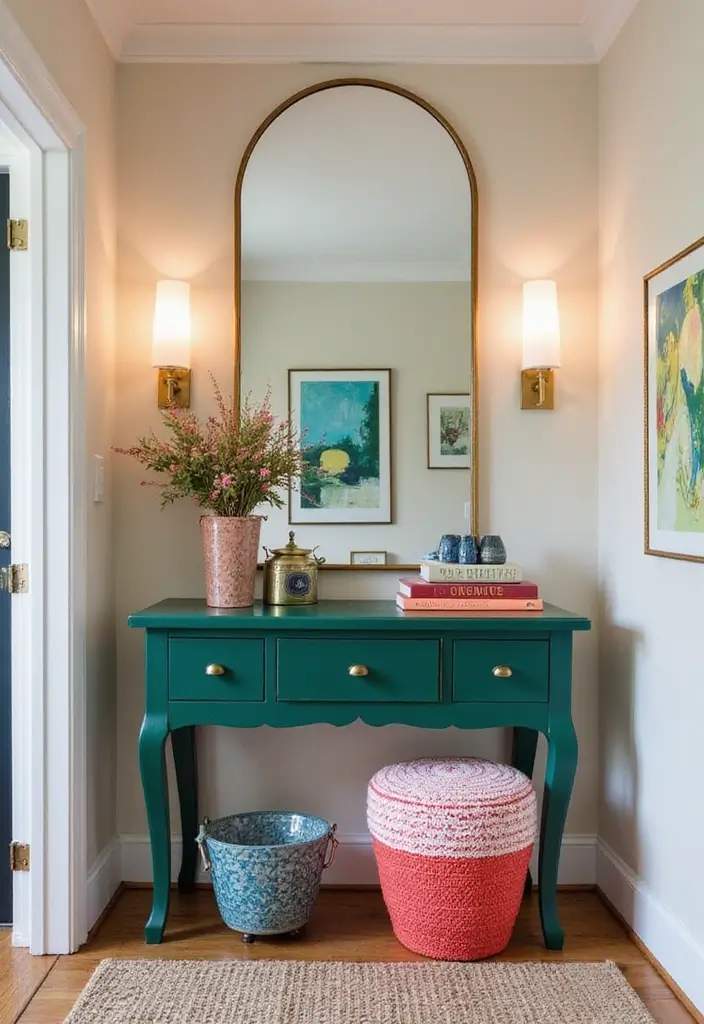 25 Entryway Table Decor with Arched Mirror Ideas for Elegant Homes 9 25 Entryway Table Decor with Arched Mirror Ideas for Elegant Homes - 9. Bold Color Choices