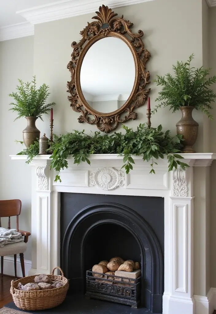25 Fireplace Mantel Decor with Mirror and Greenery for Seasonal Touch 10 25 Fireplace Mantel Decor with Mirror and Greenery for Seasonal Touch - 10. Vintage Finds and Treasures