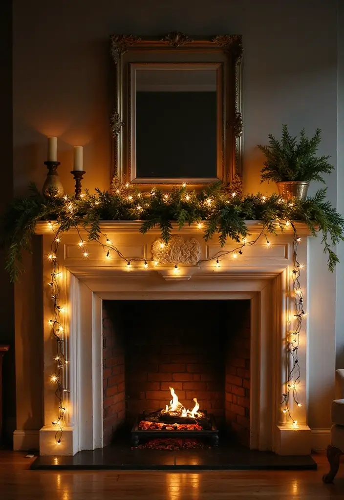 25 Fireplace Mantel Decor with Mirror and Greenery for Seasonal Touch 14 25 Fireplace Mantel Decor with Mirror and Greenery for Seasonal Touch - 14. Fairy Lights for a Magical Glow