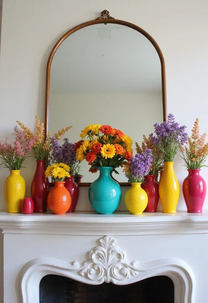 25 Fireplace Mantel Decor with Mirror and Greenery for Seasonal Touch 17 25 Fireplace Mantel Decor with Mirror and Greenery for Seasonal Touch - 17. Colorful Vases and Floral Arrangements