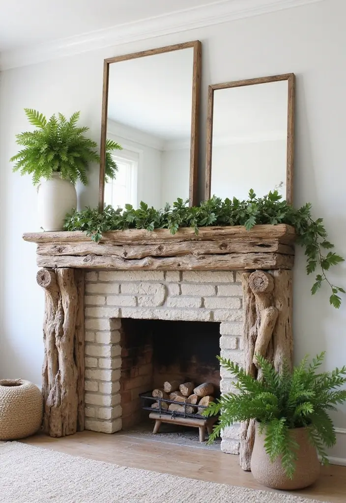 25 Fireplace Mantel Decor with Mirror and Greenery for Seasonal Touch 22 25 Fireplace Mantel Decor with Mirror and Greenery for Seasonal Touch - 22. Layered Textures with Driftwood