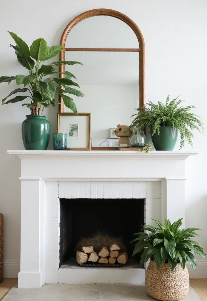 25 Fireplace Mantel Decor with Mirror and Greenery for Seasonal Touch 6 25 Fireplace Mantel Decor with Mirror and Greenery for Seasonal Touch - 6. Monochromatic Greenery Display