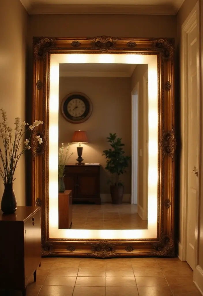 25 Full Length Mirror Decor Ideas for Entryways and Hallways 14 25 Full Length Mirror Decor Ideas for Entryways and Hallways - 14. Elegant Framed Mirrors with Lighting