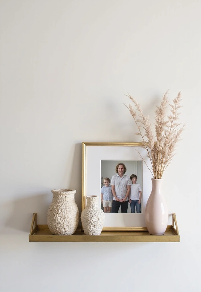 25 Gold Mirror Tray Decor Ideas That Add a Touch of Glamour 12 25 Gold Mirror Tray Decor Ideas That Add a Touch of Glamour - 12. Statement Wall Shelf