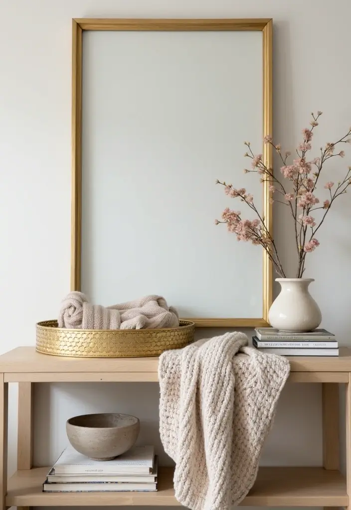 25 Gold Mirror Tray Decor Ideas That Add a Touch of Glamour 17 25 Gold Mirror Tray Decor Ideas That Add a Touch of Glamour - 17. Layered Textures on a Console Table