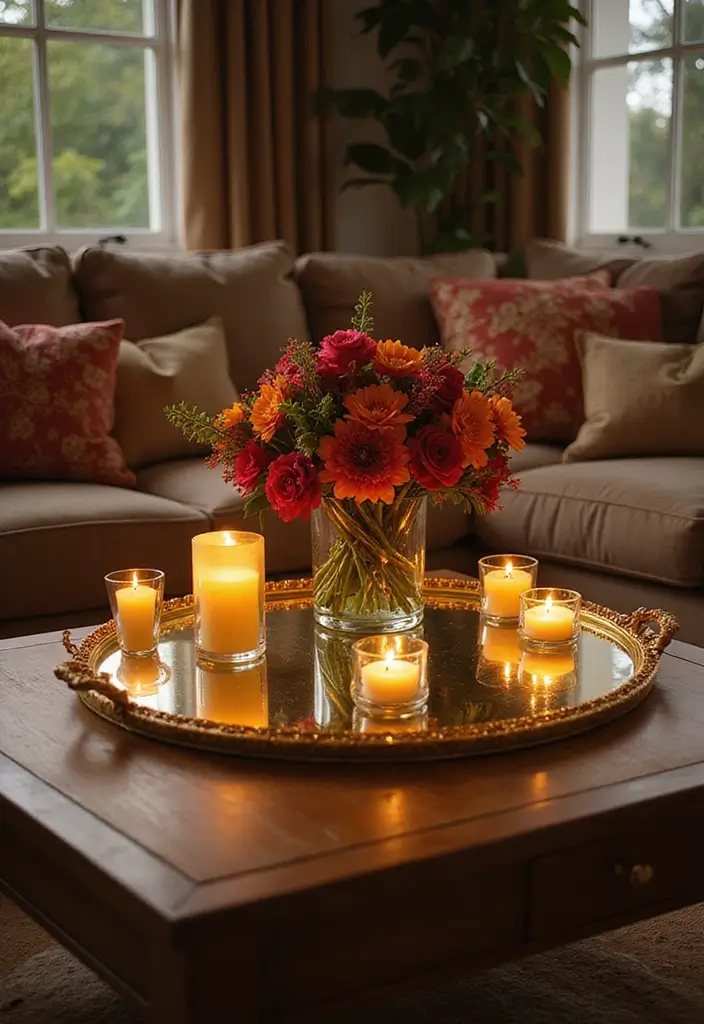 25 Gold Mirror Tray Decor Ideas That Add a Touch of Glamour 2 25 Gold Mirror Tray Decor Ideas That Add a Touch of Glamour - 2. Glamorous Living Room Centerpiece