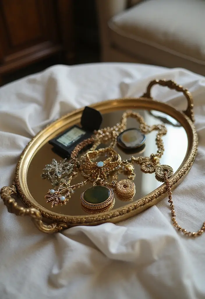 25 Gold Mirror Tray Decor Ideas That Add a Touch of Glamour 22 25 Gold Mirror Tray Decor Ideas That Add a Touch of Glamour - 22. Highlighting Personal Treasures