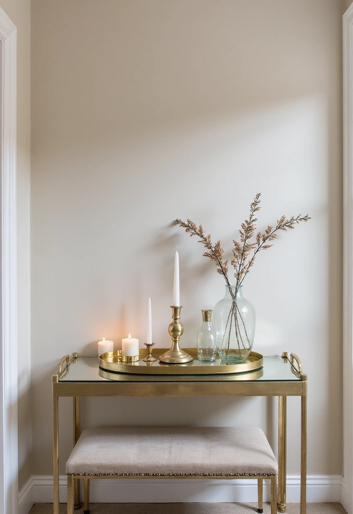 25 Gold Mirror Tray Decor Ideas That Add a Touch of Glamour 23 25 Gold Mirror Tray Decor Ideas That Add a Touch of Glamour - 23. A Touch of Bling in the Hallway