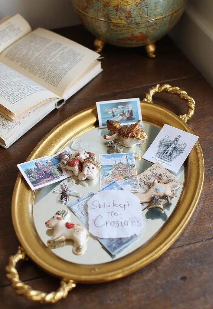 25 Gold Mirror Tray Decor Ideas That Add a Touch of Glamour 25 25 Gold Mirror Tray Decor Ideas That Add a Touch of Glamour - 25. Travel-Inspired Decor