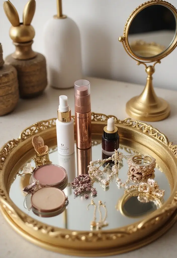 25 Gold Mirror Tray Decor Ideas That Add a Touch of Glamour 3 25 Gold Mirror Tray Decor Ideas That Add a Touch of Glamour - 3. Stylish Vanity Display