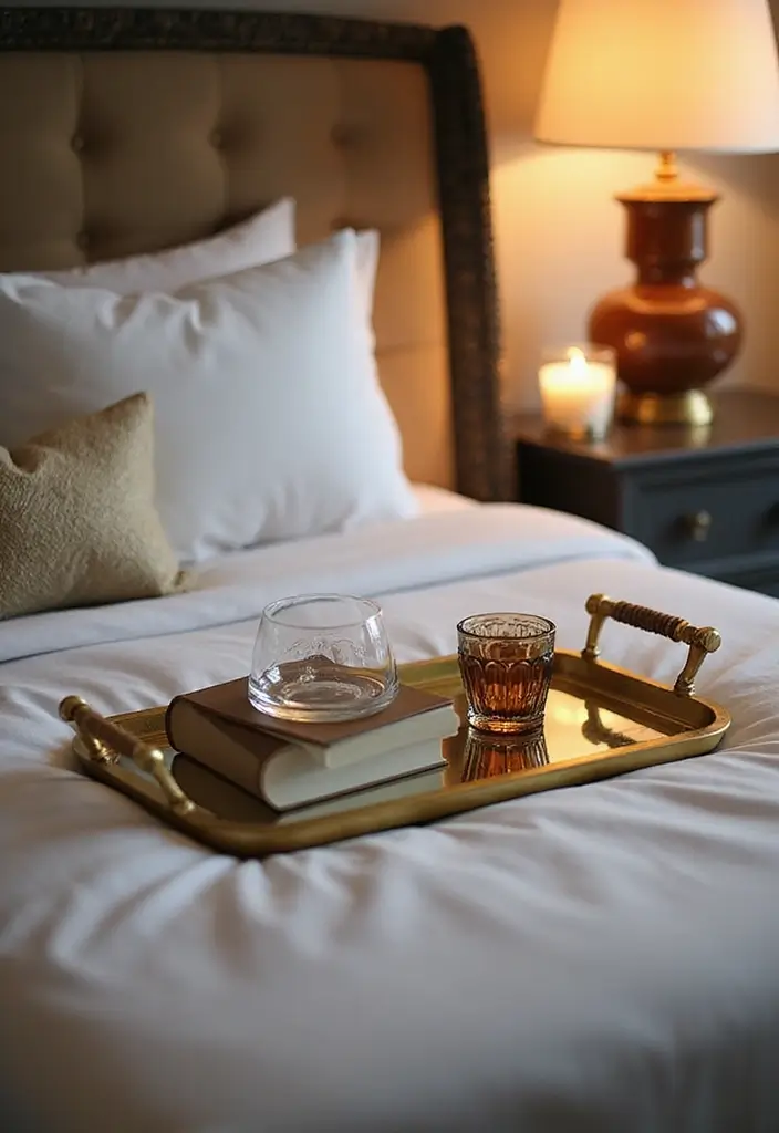 25 Gold Mirror Tray Decor Ideas That Add a Touch of Glamour 5 25 Gold Mirror Tray Decor Ideas That Add a Touch of Glamour - 5. Cozy Bedroom Nightstand
