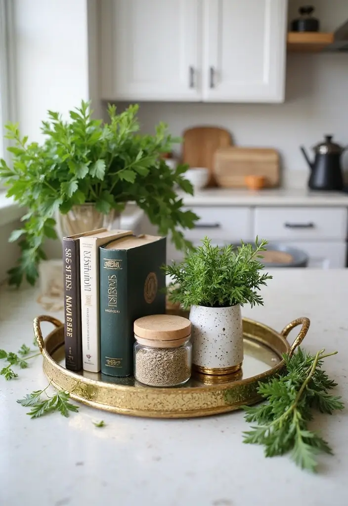 25 Gold Mirror Tray Decor Ideas That Add a Touch of Glamour 8 25 Gold Mirror Tray Decor Ideas That Add a Touch of Glamour - 8. Elegant Kitchen Counter