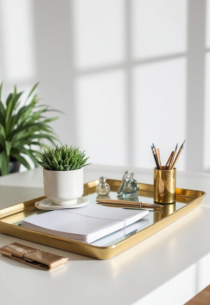 25 Gold Mirror Tray Decor Ideas That Add a Touch of Glamour 9 25 Gold Mirror Tray Decor Ideas That Add a Touch of Glamour - 9. Inspiring Office Desk