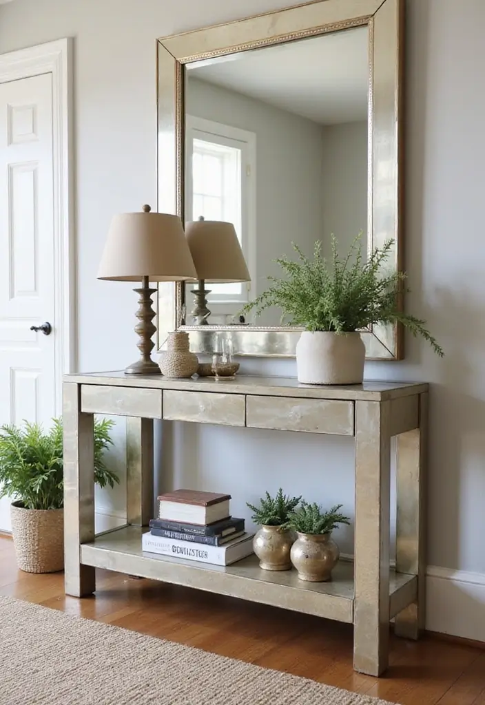 25 Lippan Art Mirror Wall Decor Ideas for Boho and Ethnic Homes 18 25 Lippan Art Mirror Wall Decor Ideas for Boho and Ethnic Homes - 18. Mirrored Console Table with Lippan Accent