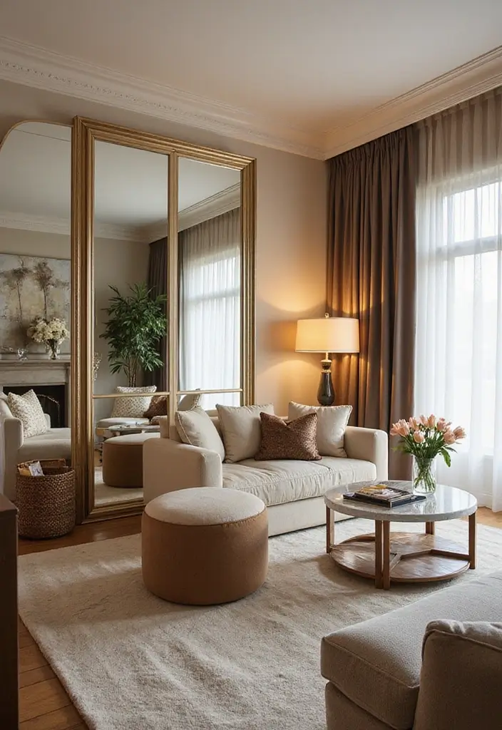 25 Living Room Mirror Decor Ideas That Make the Space Feel Bigger 11 25 Living Room Mirror Decor Ideas That Make the Space Feel Bigger - 11. Mirrored Room Dividers