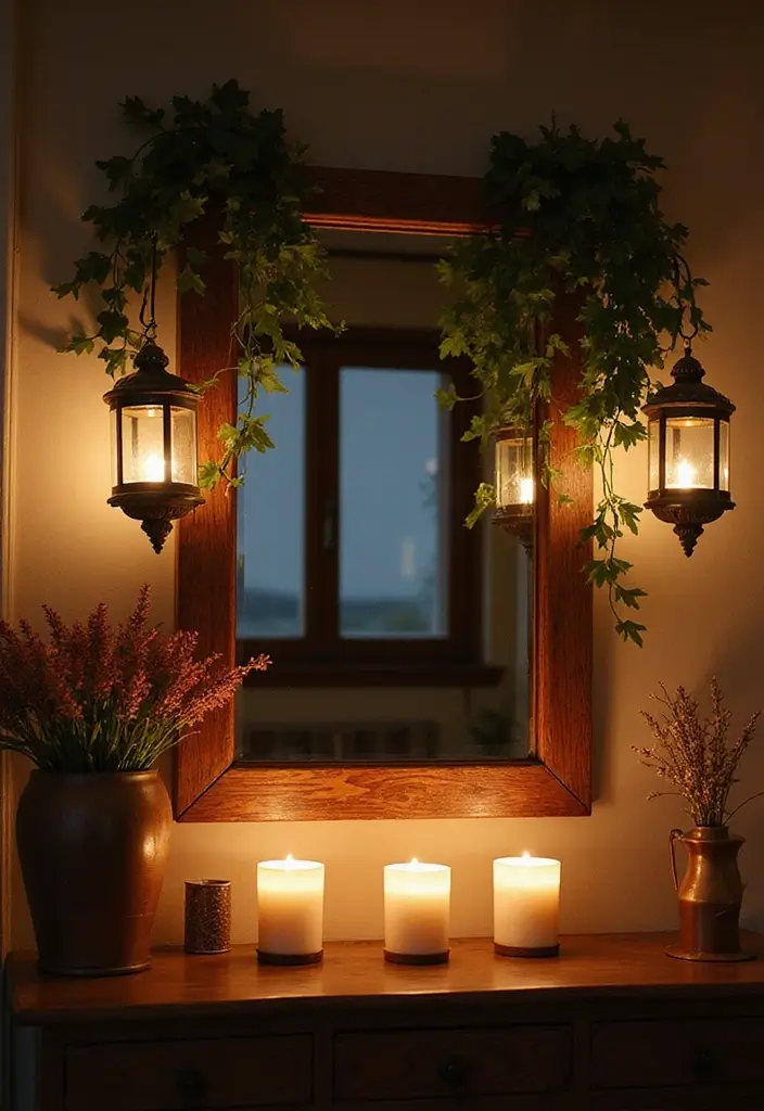 25 Mirror Decor Ideas with Candles and Greenery for Cozy Corners 1 25 Mirror Decor Ideas with Candles and Greenery for Cozy Corners - 1. Rustic Wooden Mirror with Candle Lanterns