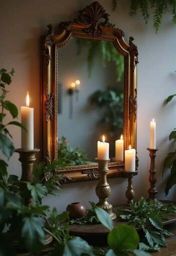 25 Mirror Decor Ideas with Candles and Greenery for Cozy Corners 10 25 Mirror Decor Ideas with Candles and Greenery for Cozy Corners - 10. Antique Mirror with Vintage Candle Stands