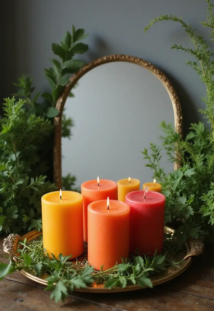 25 Mirror Decor Ideas with Candles and Greenery for Cozy Corners 11 25 Mirror Decor Ideas with Candles and Greenery for Cozy Corners - 11. Statement Mirror with Colored Candles
