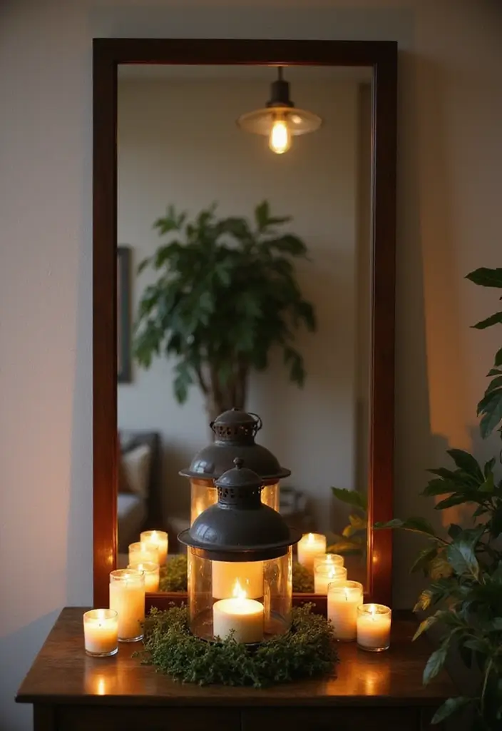 25 Mirror Decor Ideas with Candles and Greenery for Cozy Corners 12 25 Mirror Decor Ideas with Candles and Greenery for Cozy Corners - 12. Large Framed Mirror with Lantern Centerpiece