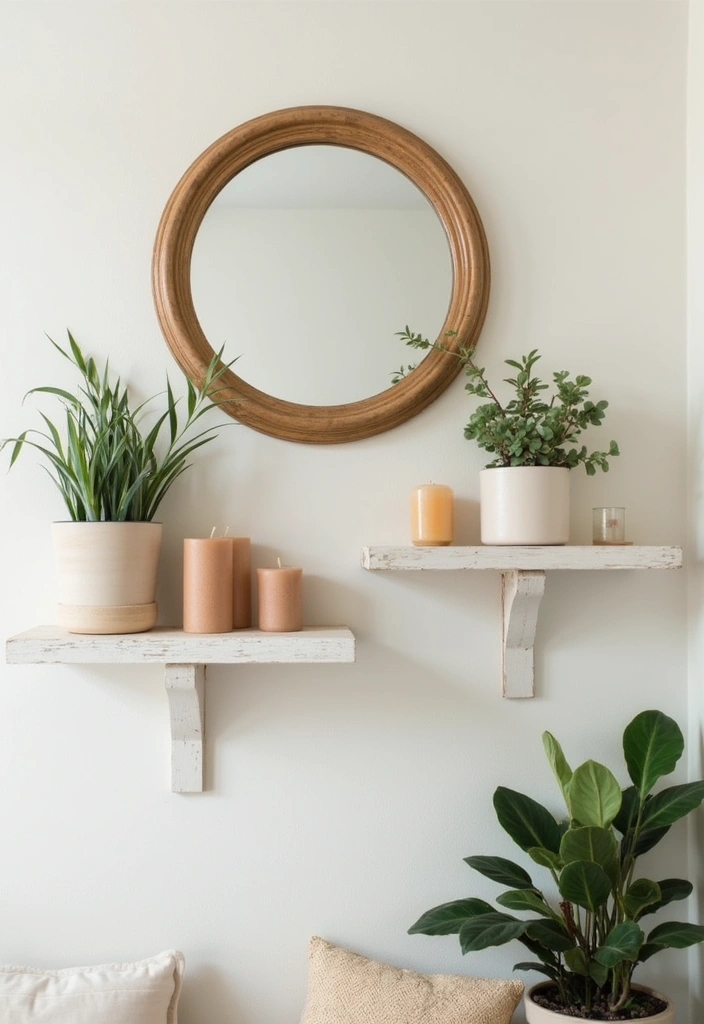 25 Mirror Decor Ideas with Candles and Greenery for Cozy Corners 13 25 Mirror Decor Ideas with Candles and Greenery for Cozy Corners - 13. Decorative Mirror with Floating Shelves