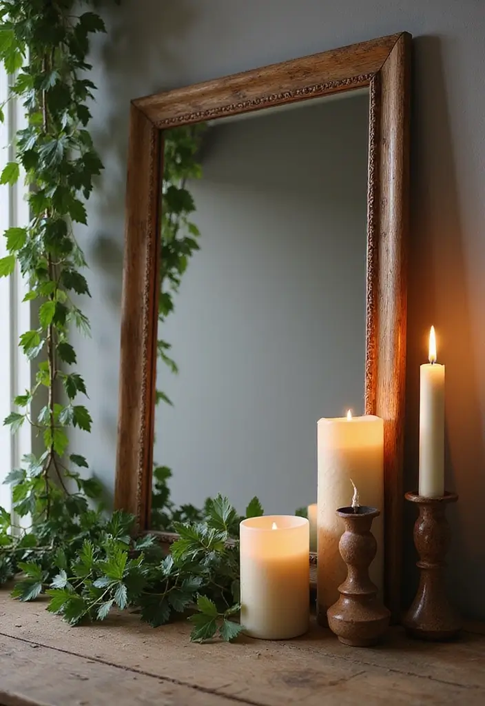 25 Mirror Decor Ideas with Candles and Greenery for Cozy Corners 14 25 Mirror Decor Ideas with Candles and Greenery for Cozy Corners - 14. Large Rectangular Mirror with Rustic Candle Holders