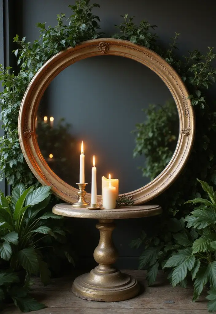 25 Mirror Decor Ideas with Candles and Greenery for Cozy Corners 17 25 Mirror Decor Ideas with Candles and Greenery for Cozy Corners - 17. Large Circular Mirror with Candle Trio