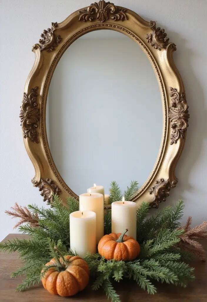 25 Mirror Decor Ideas with Candles and Greenery for Cozy Corners 18 25 Mirror Decor Ideas with Candles and Greenery for Cozy Corners - 18. Elegant Mirror with Seasonal Decor