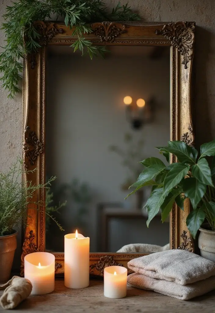 25 Mirror Decor Ideas with Candles and Greenery for Cozy Corners 19 25 Mirror Decor Ideas with Candles and Greenery for Cozy Corners - 19. Large Frame Mirror with Layered Textures