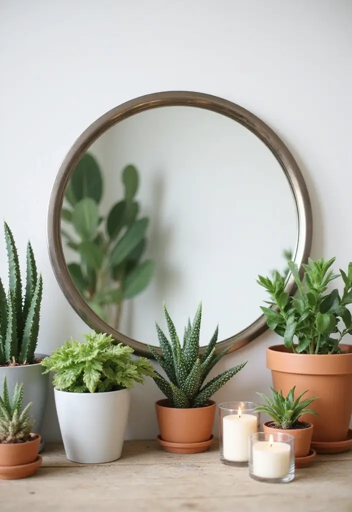 25 Mirror Decor Ideas with Candles and Greenery for Cozy Corners 2 25 Mirror Decor Ideas with Candles and Greenery for Cozy Corners - 2. Modern Round Mirror with Succulent Arrangement